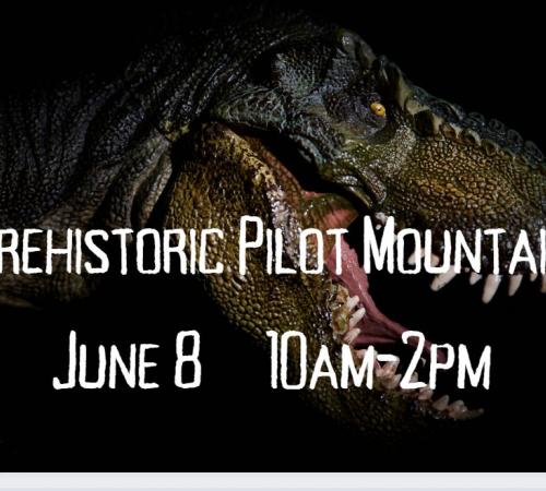 Logo for Prehistoric Pilot Mountain black background with T Rex Face